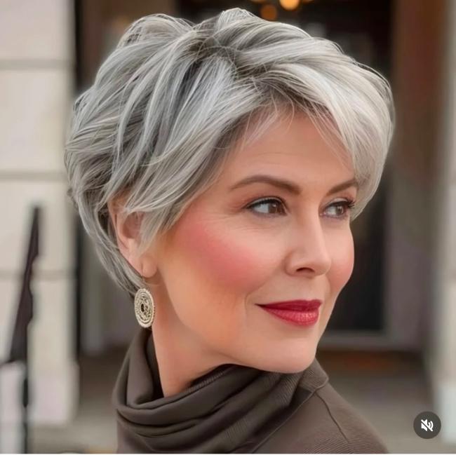 Reife Frau Bixie Cut graues Haar