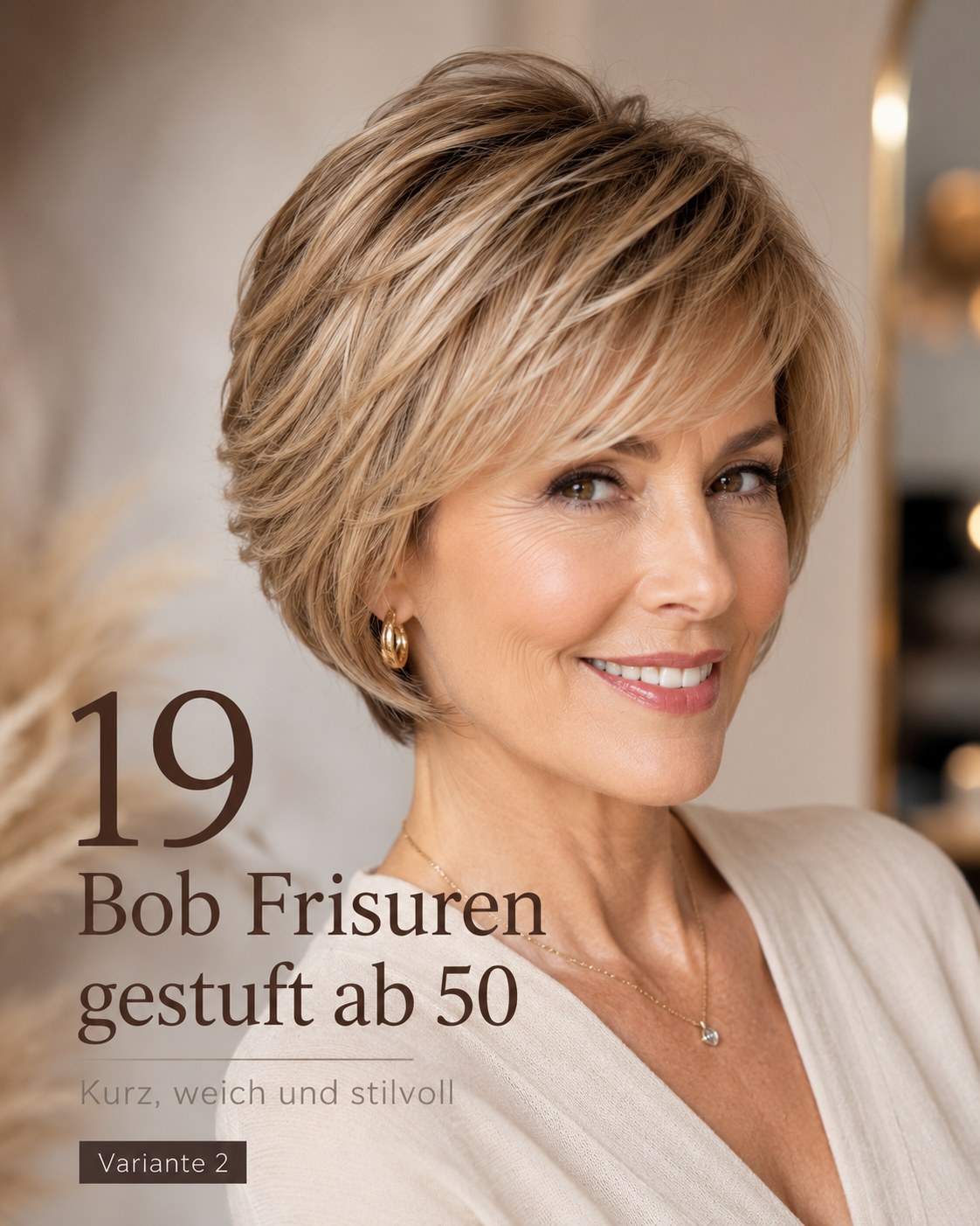 Kurzer, weich gestufter Bob ab 50 mit seitlichem Pony und warmem Blondton