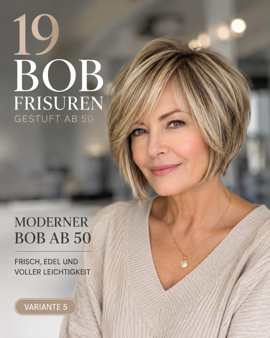 Moderner gestufter Bob ab 50 mit viel Fülle, frischen Strähnen und edlem Finish