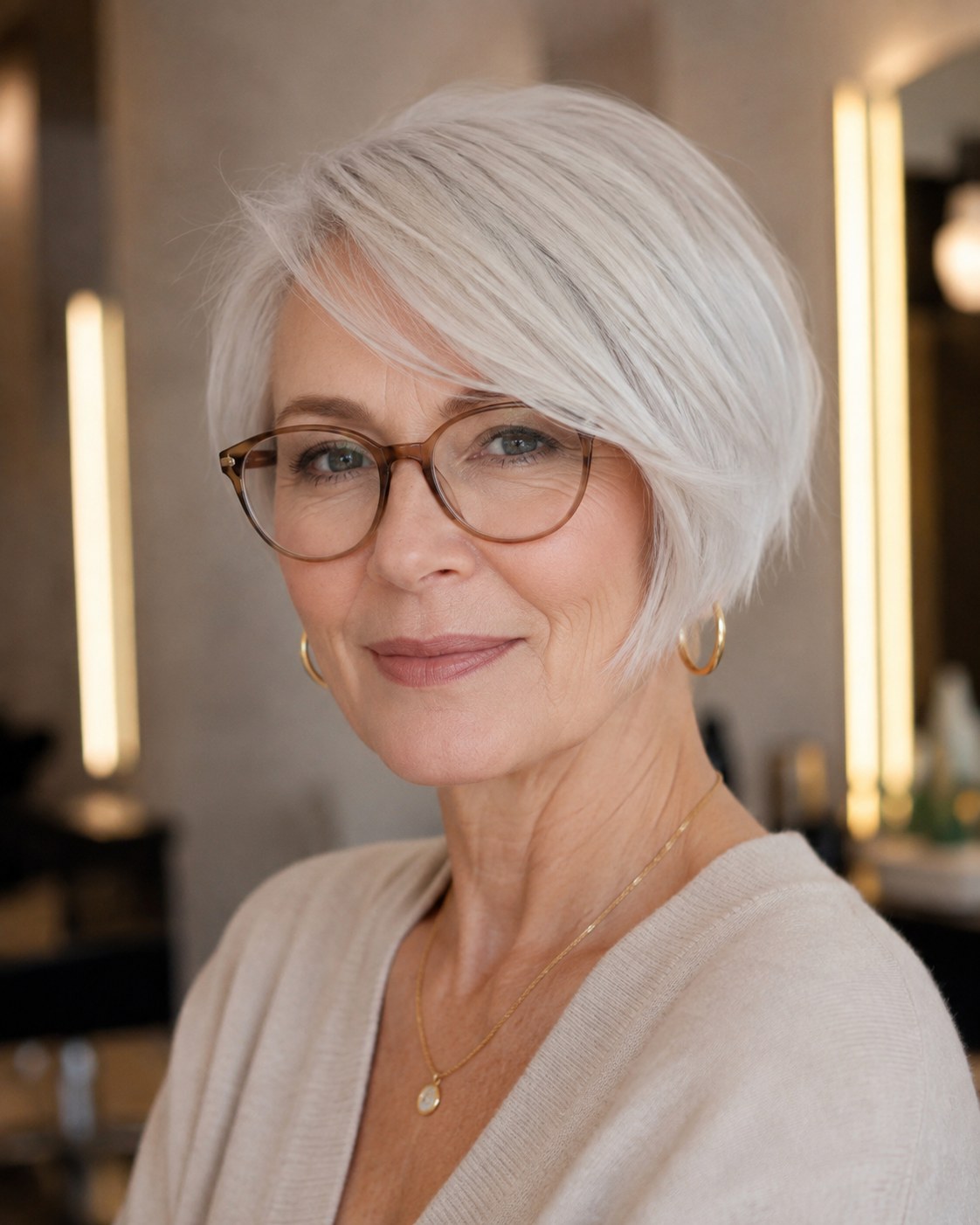 Kinnlanger Bob mit Seitenpony und Welle, getragen mit runder Brille, ideal für feines Haar ab 50