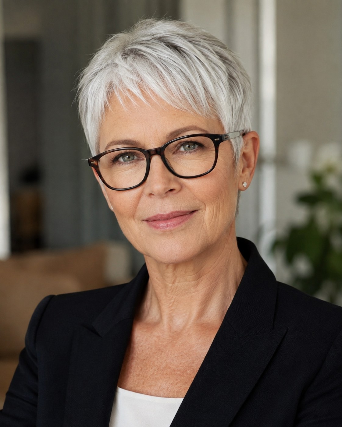 Klassischer Pixie mit Seitenschwung kombiniert mit eckiger Brille, eine bewährte Frisur mit Brille ab 50