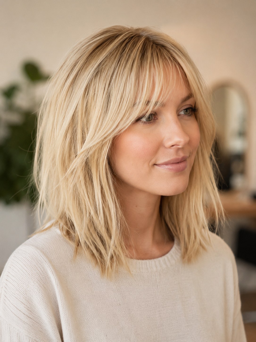 Glatter Lob mit Side-Bangs als ruhige Version der Frisuren mittellang stufig mit Pony