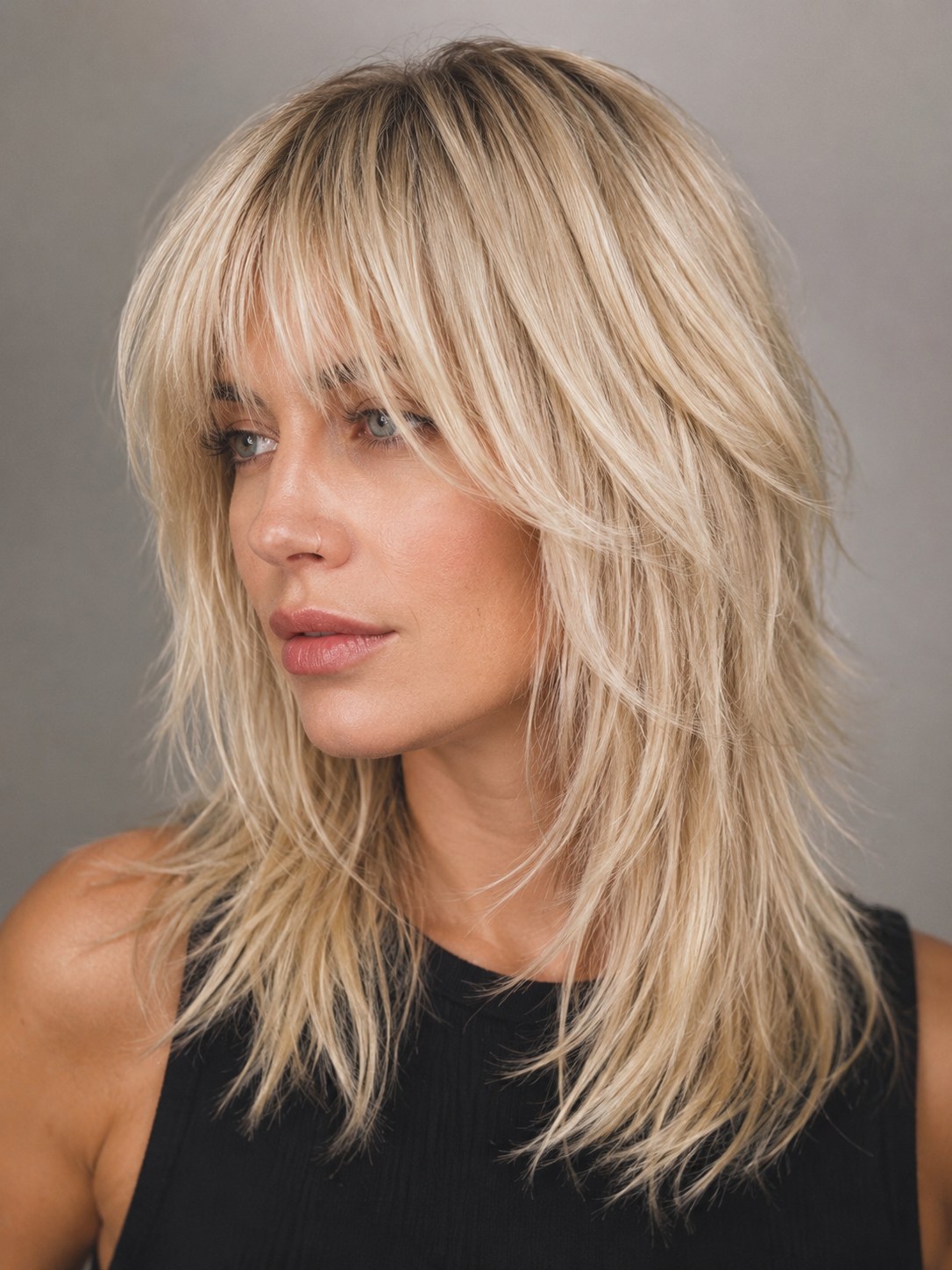 Blonder Shag-Bob zeigt Frisuren mittellang stufig mit Pony und hellen Strähnchen