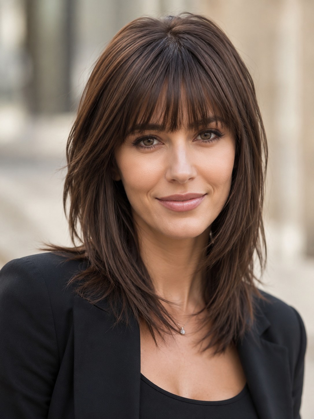 Polierter Business-Look unter den Frisuren mittellang stufig mit Pony mit glattem Finish