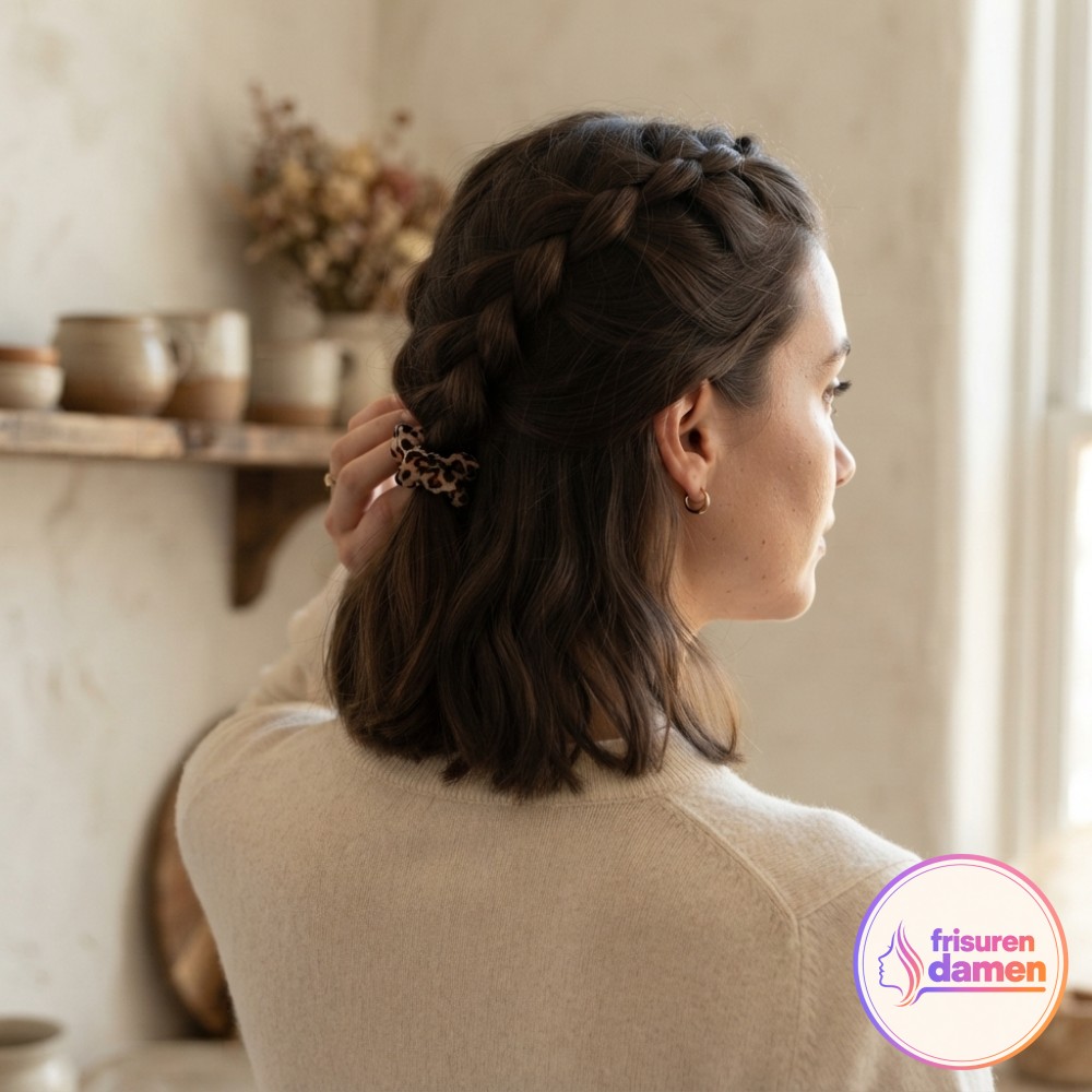 Halboffene Dutch-Braid mit Scrunchie zeigt eine schnelle Alltagsfrisur für mittellanges Haar