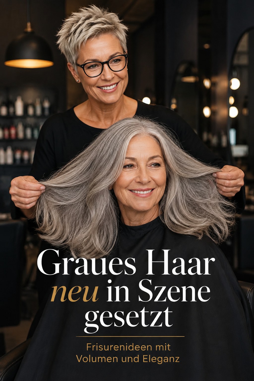 Langes graues Haar mit Volumen und Wellen, gestylt als Frisur für rundes Gesicht ab 50