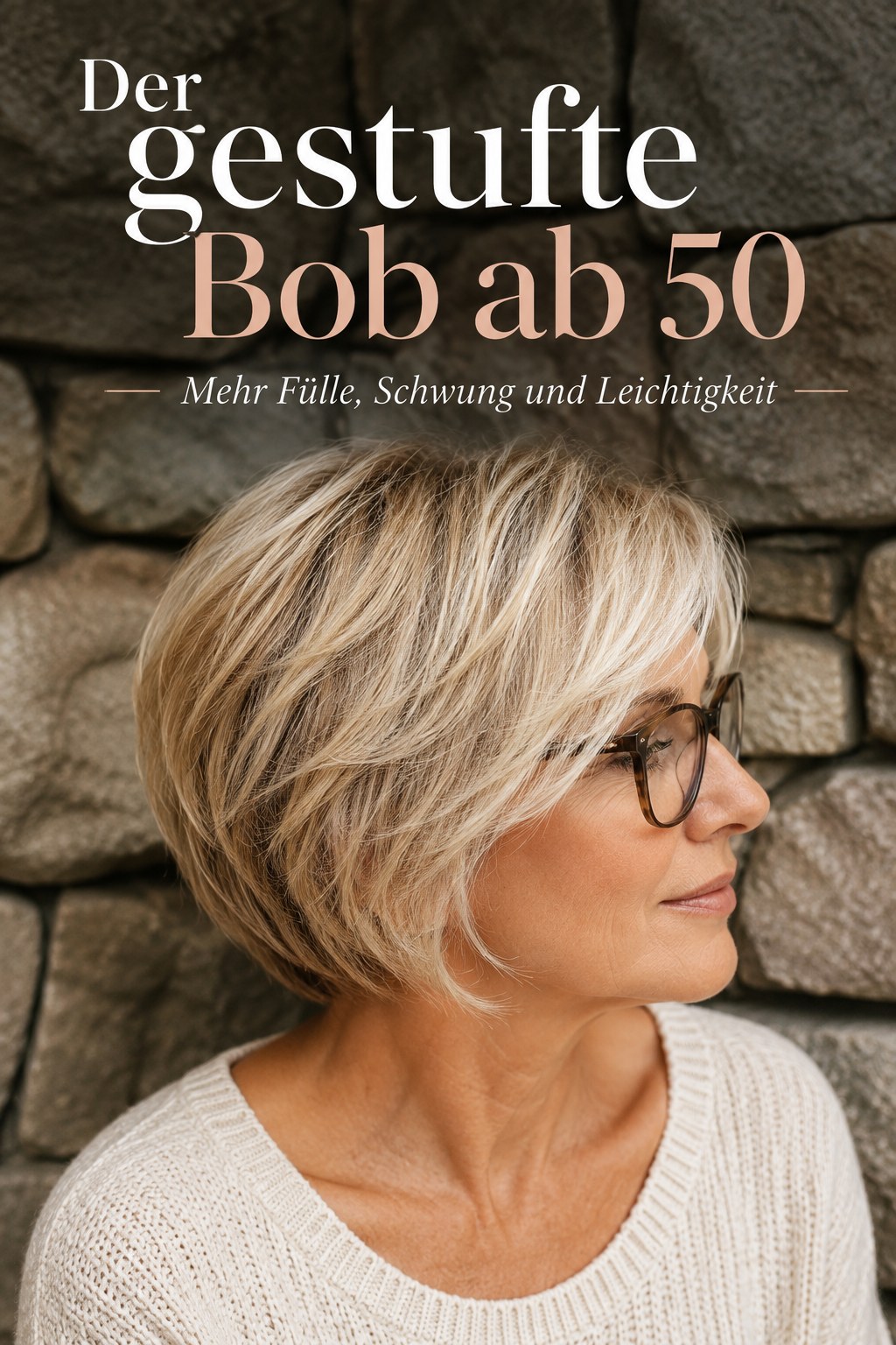 Blonder gestufter Bob mit Schwung, eine schmeichelnde Frisur für rundes Gesicht ab 50