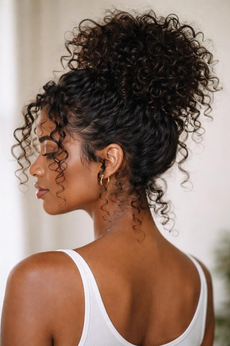Hoher Messy Bun mit Locken