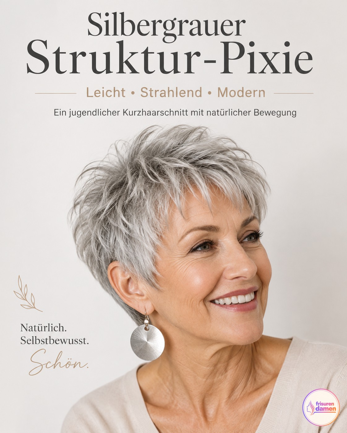 Silbergrauer Struktur-Pixie mit natürlicher Bewegung wirkt als jugendliche Kurzhaarfrisur ab 50 besonders leicht