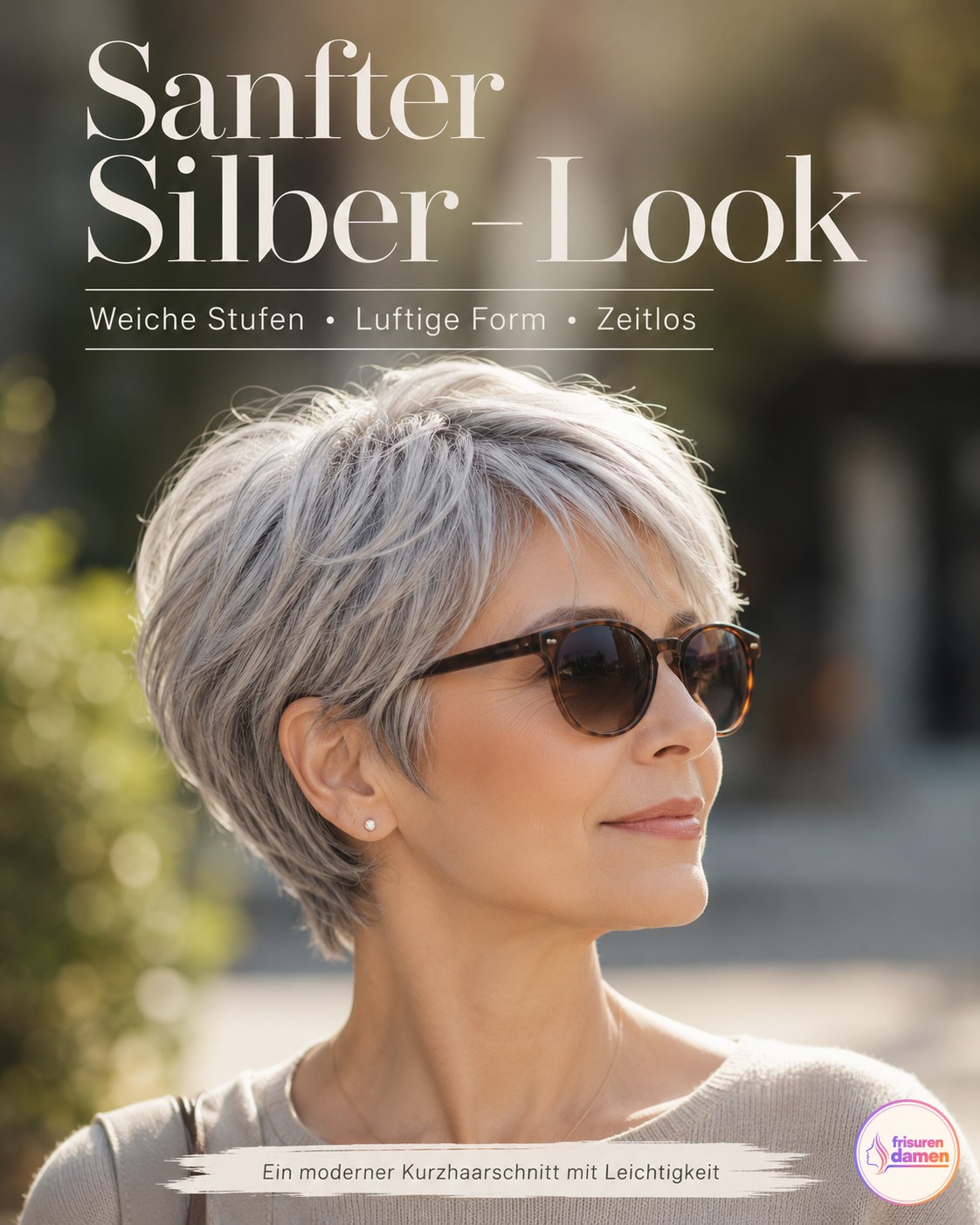 Sanfter Silber-Look mit weichen Stufen ist eine pflegeleichte Kurzhaarfrisur ab 50 mit natürlicher Eleganz