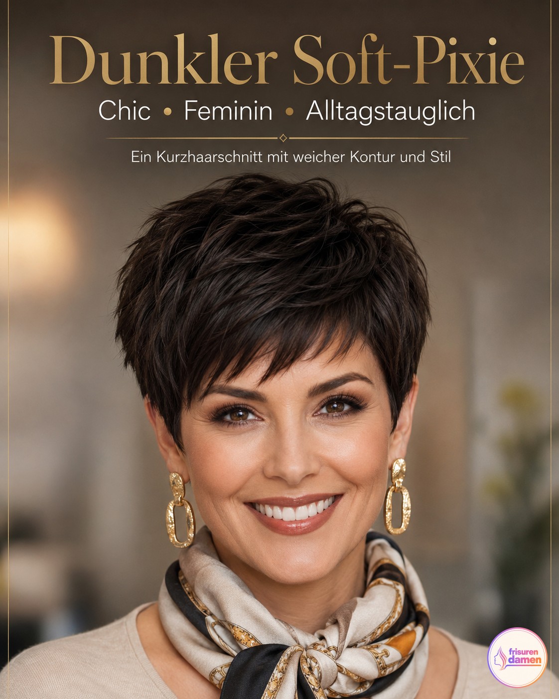 Dunkler Soft-Pixie in Schokobraun beweist, dass Kurzhaarfrisuren ab 50 feminin und alltagstauglich sein können