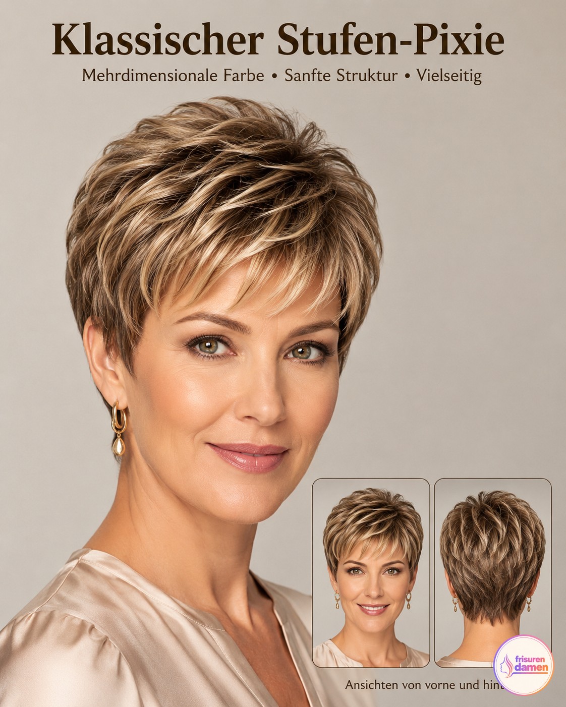 Klassischer Stufen-Pixie in Karamellblond zeigt eine vielseitige Kurzhaarfrisur ab 50 von vorne und hinten