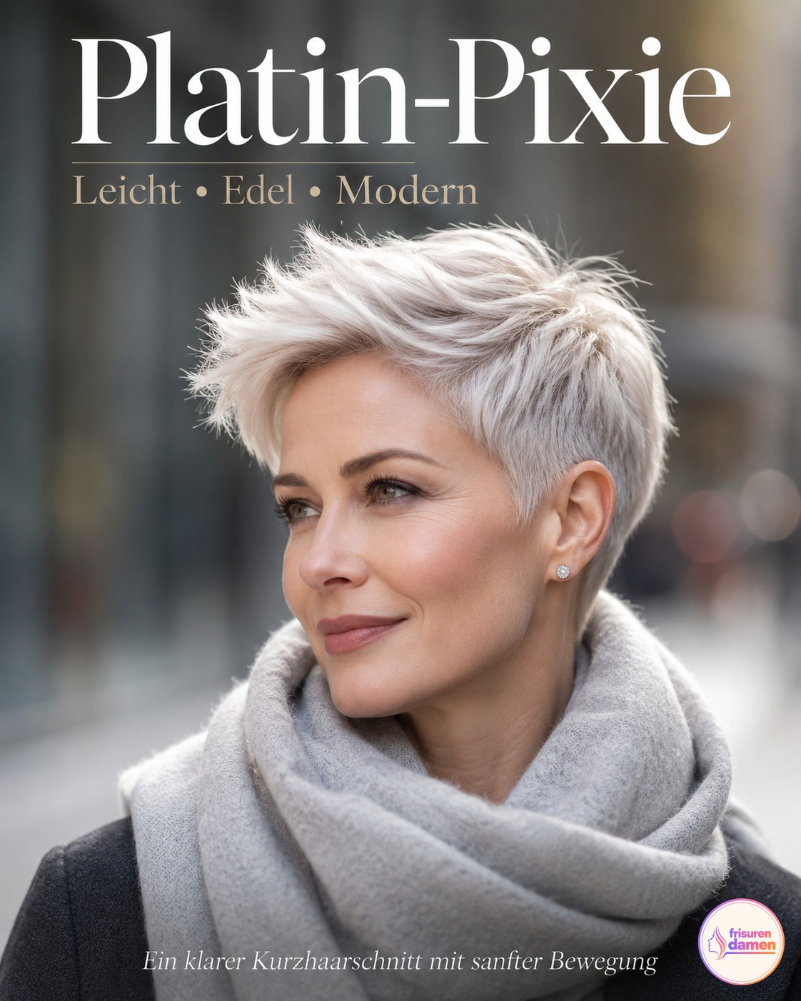 Platin-Pixie mit getuftem Deckhaar zeigt eine edle, moderne Variante der Kurzhaarfrisur ab 50