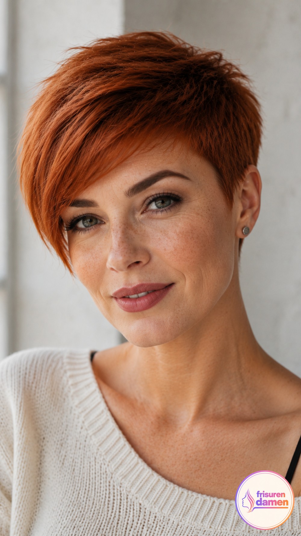 Ein asymmetrischer Pixie in Kupferrot zeigt eine farbenfrohe Kurzhaarfrisur mit langem Seitenpony