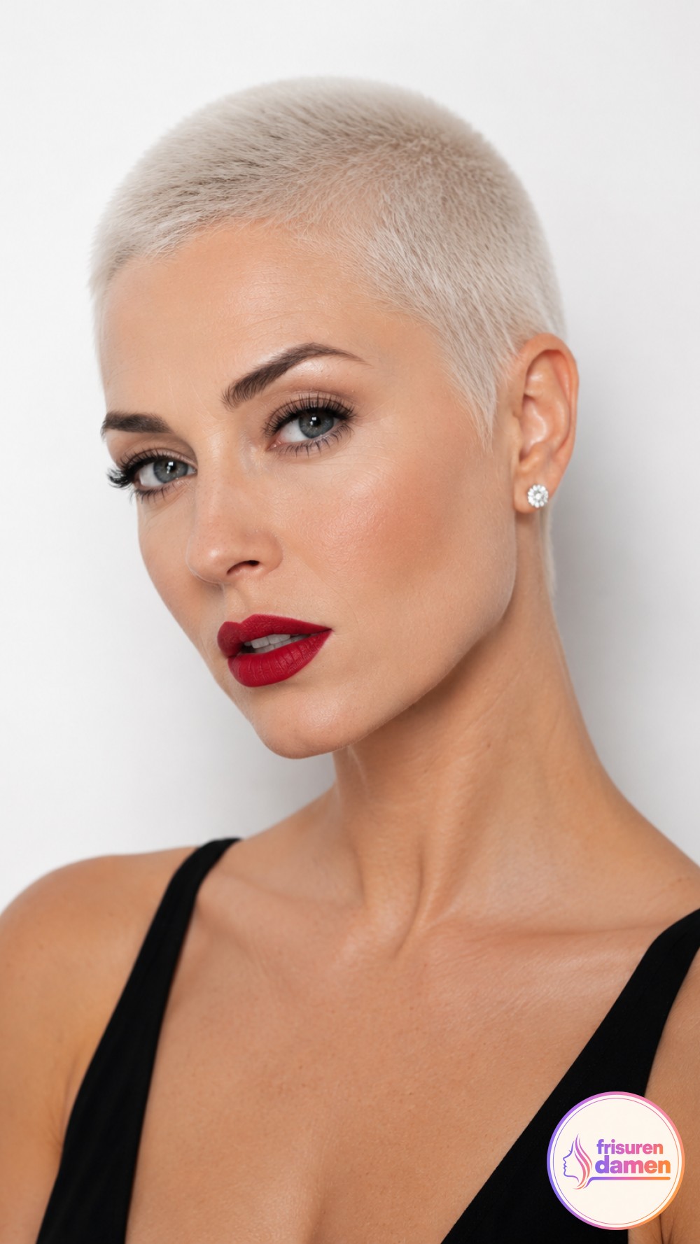 Ein platinblonder Buzzcut zeigt die radikalste Variante unter den Kurzhaarfrisuren für Frauen