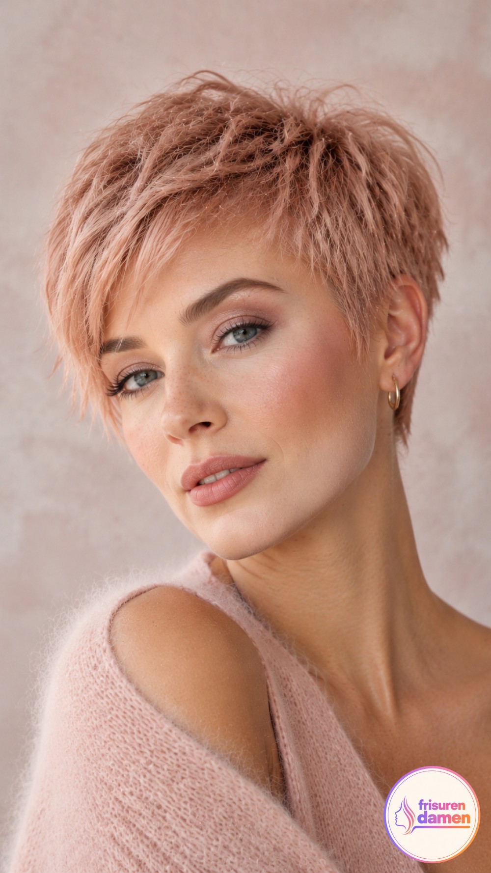 Ein zarter Rosegold-Pixie zeigt eine pastellige Kurzhaarfrisur im verträumten Pinterest-Look