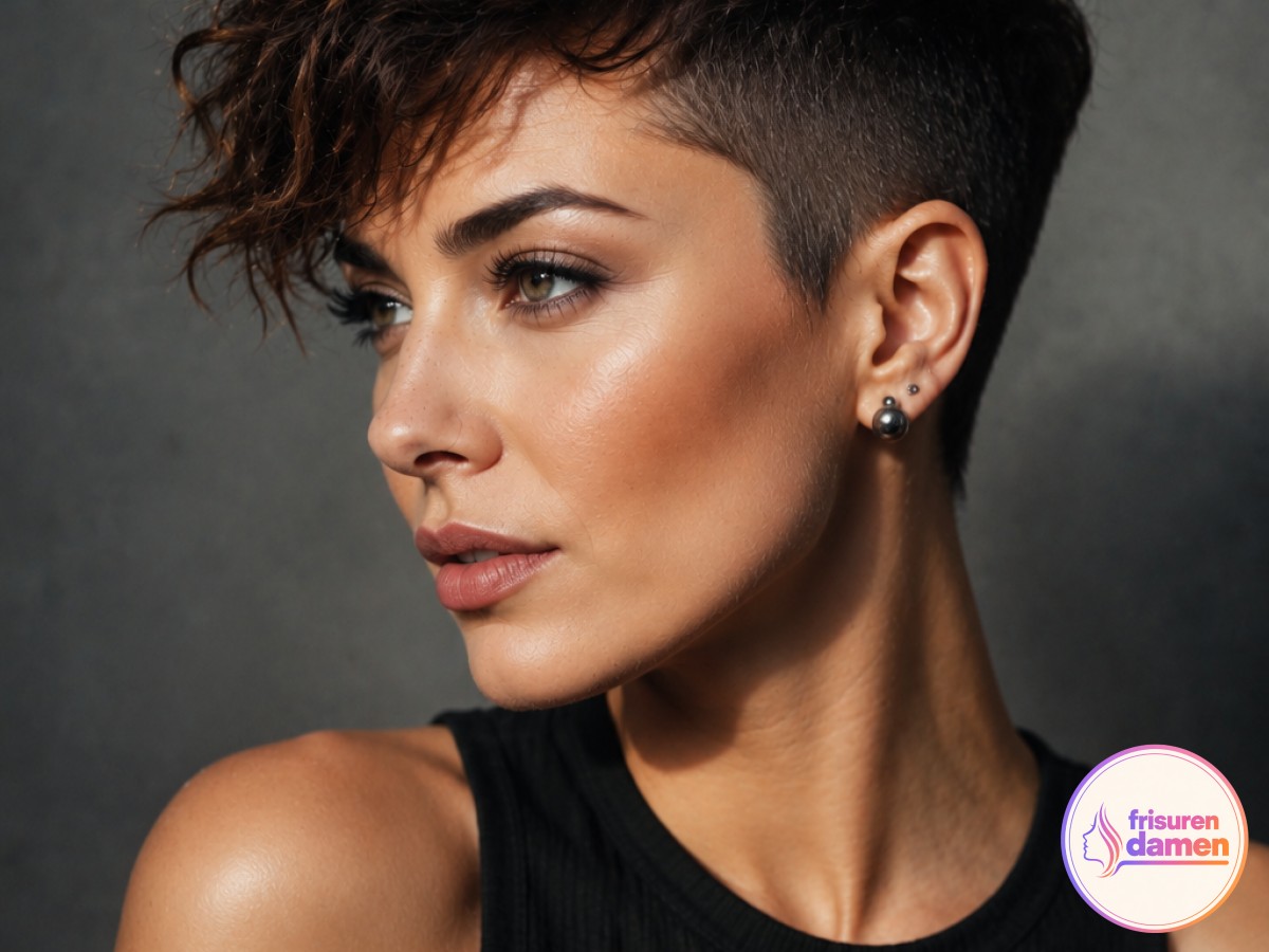Ein Undercut-Pixie mit lockigem Deckhaar zeigt eine edgy Kurzhaarfrisur für lockiges Haar