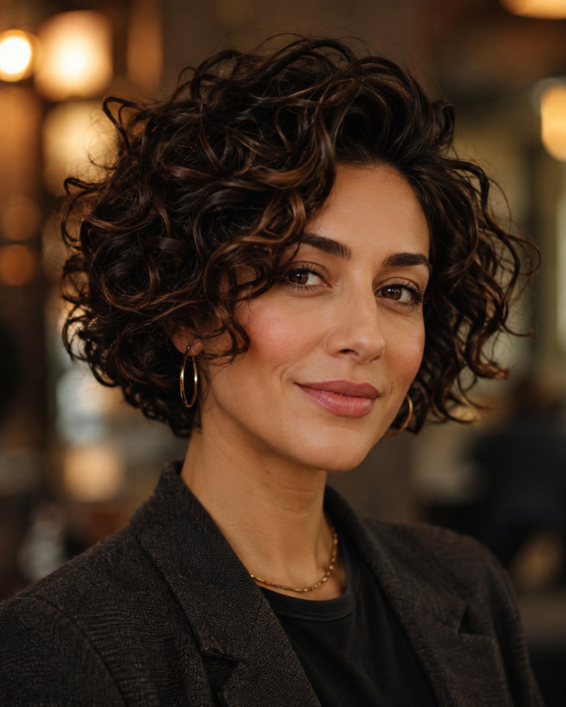 Glänzender lockiger Glam-Bob für Business und Abend unter den lockigen Kurzhaarfrisuren ab 50