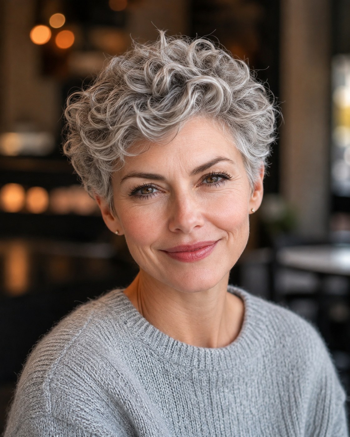 Grauer Curly-Pixie mit sichtbaren Silberlocken, klassische lockige Kurzhaarfrisur ab 50