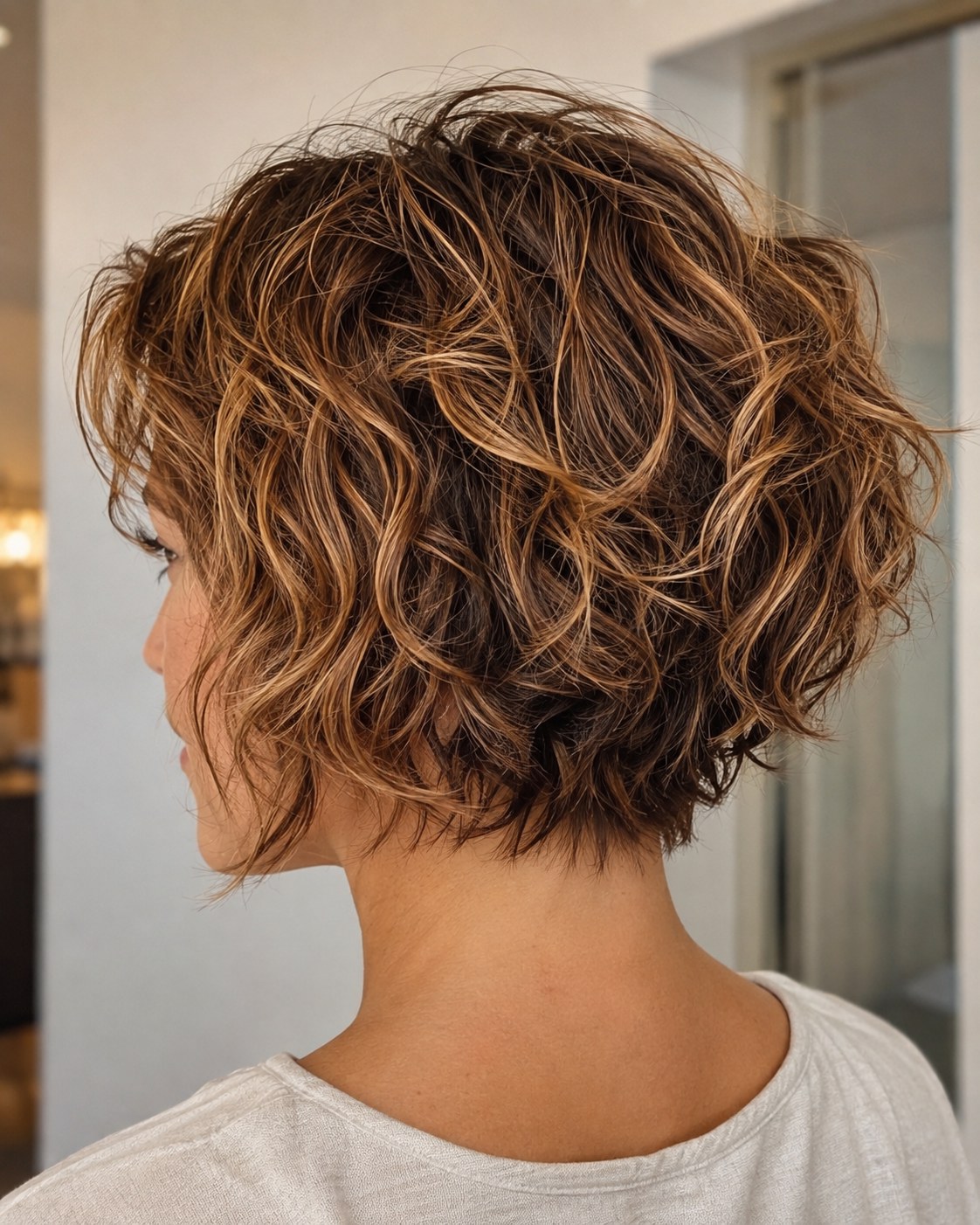 Zerzauster Shag-Bob von hinten zeigt Stufenschnitt bei lockigen Kurzhaarfrisuren ab 50
