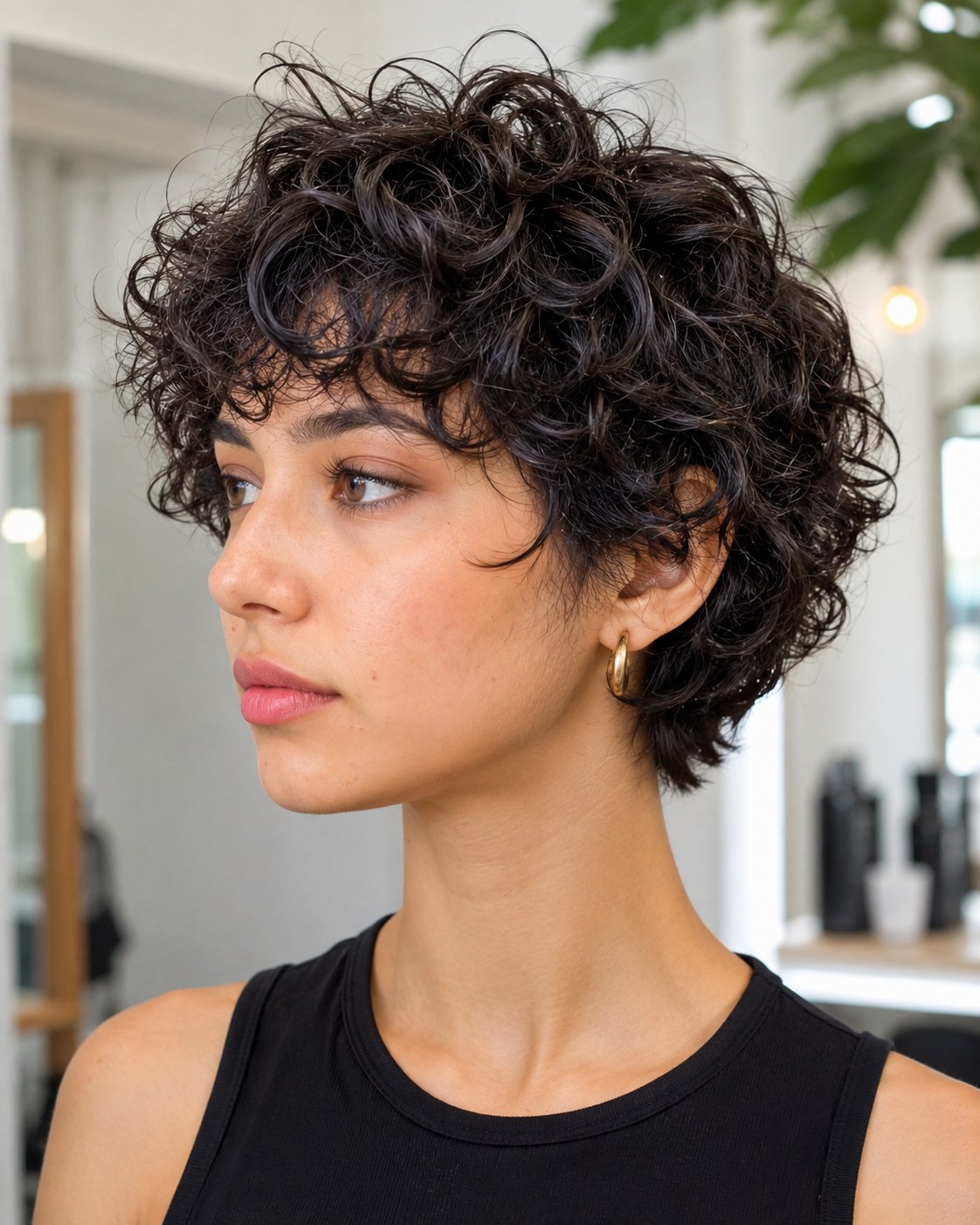 Langer Curly-Pixie im Profil, eine elegante Variante lockiger Kurzhaarfrisuren ab 50
