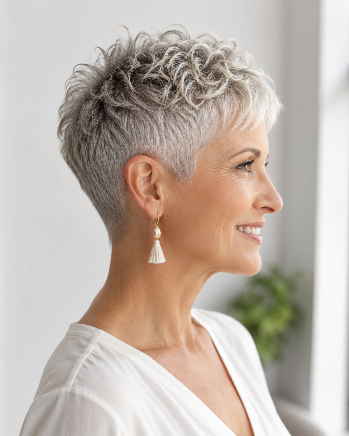 Ultrakurzer Silver-Pixie im Profil, mutige lockige Kurzhaarfrisur ab 50