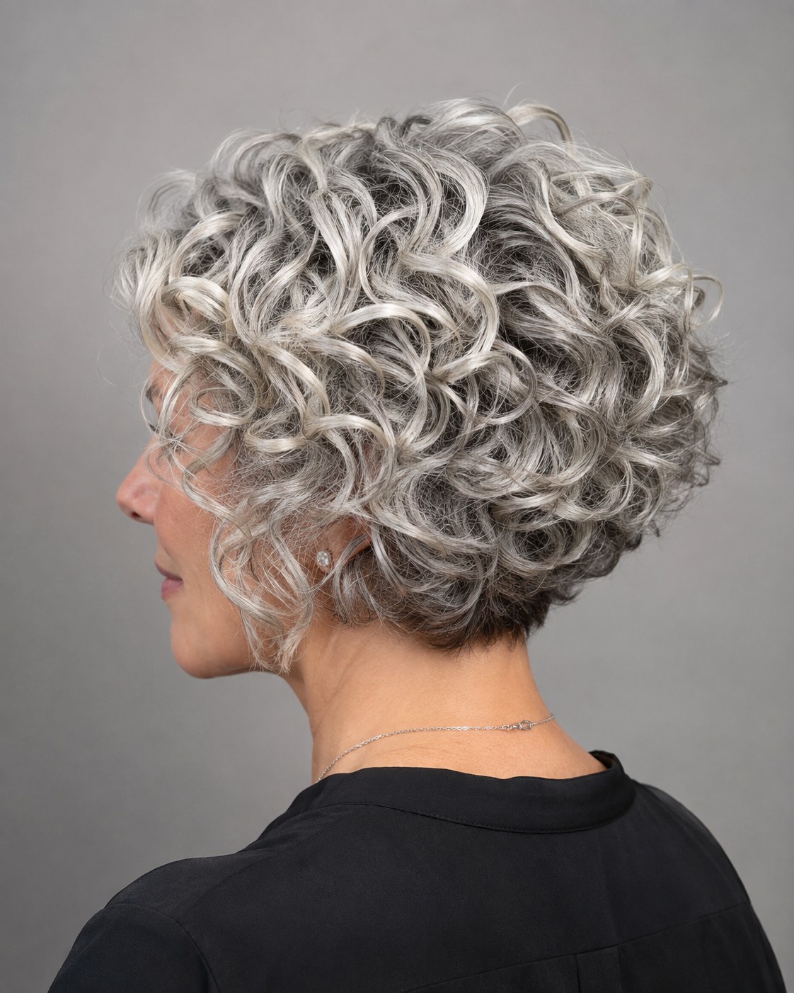 Gestufter Curly-Bob von hinten mit Volumen am Hinterkopf bei lockigen Kurzhaarfrisuren ab 50