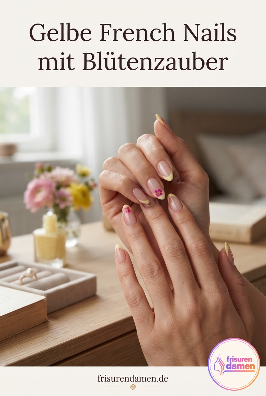 Gelbe French Nails mit Blütenzauber