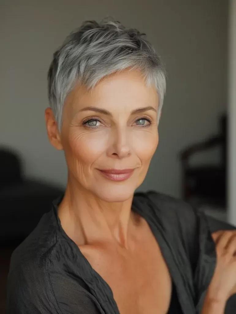 Grauer Pixie Cut Frau über 50