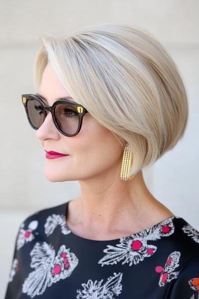 Eine stilvolle bob frisur gestuft für Frauen ab 50 mit seitlichem Scheitel und glatten, voluminösen Haaren.