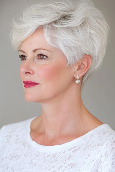 Eine stilvolle, voluminöse Kurzhaarfrisur mit seitlichem Pony für Frauen ab 50, die modern und elegant wirkt.