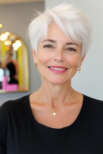 Eine Frau mit einer stilvollen, kurzen, weißen Pixie-Frisur, die modern und pflegeleicht aussieht.