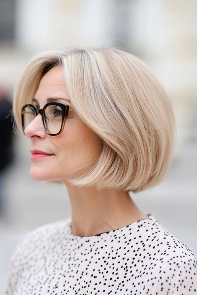 Eine stilvolle blonde Bob-Frisur, gestuft und kinnlang, die sanft das Gesicht umrahmt und durch dezente Schichten Volumen erhält.