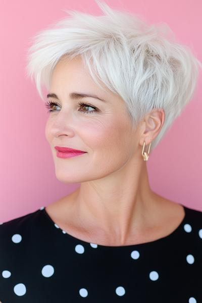 Eine Frau mit einem modernen, kurzen, blonden Pixie-Haarschnitt, der jugendlich und lebendig wirkt.