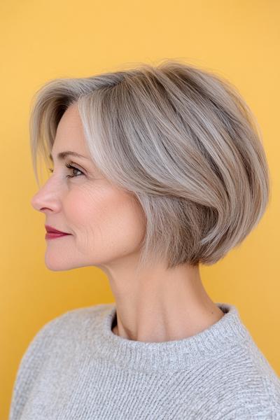 Eine gestufte Bob-Frisur mit voluminösen, seitlich geschwungenen, blonden Haaren, die sich für Frauen über 50 eignet.